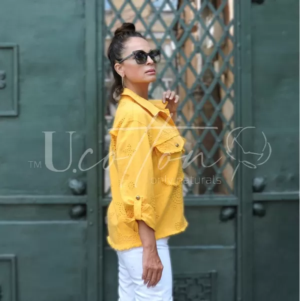 Сорочка натуральна джинсова з вишитою квітковою перфорацією Сanarian Yellow